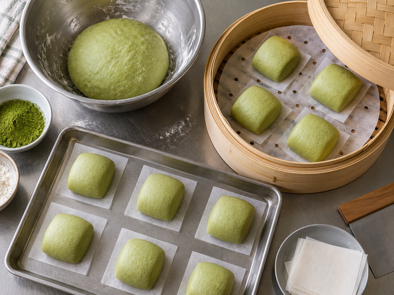 Cut matcha mantou showing an even green crumb beside intact whole steamed buns