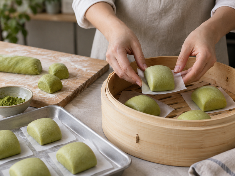Three weighed matcha dough portions at different water additions ready for shaping