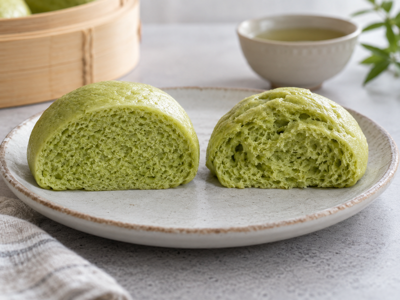 Proofed matcha mantou on individual parchment squares with spacing marked on a tray