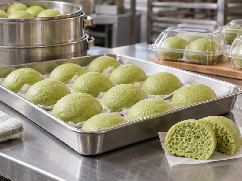 Steamed bun tops with recorded dry and condensation-marked examples for quality comparison
