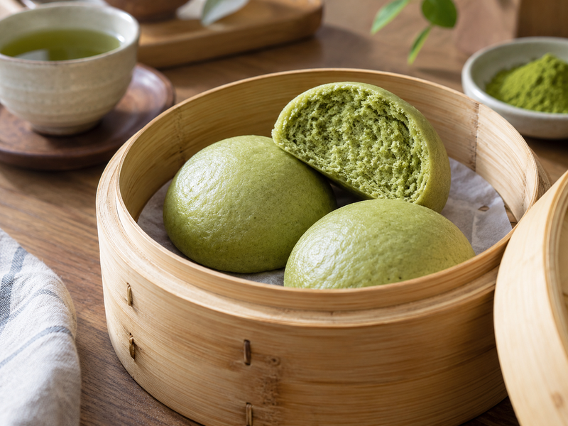 Matcha steamed buns plated with separate sweet and savory pairing samples for café tasting