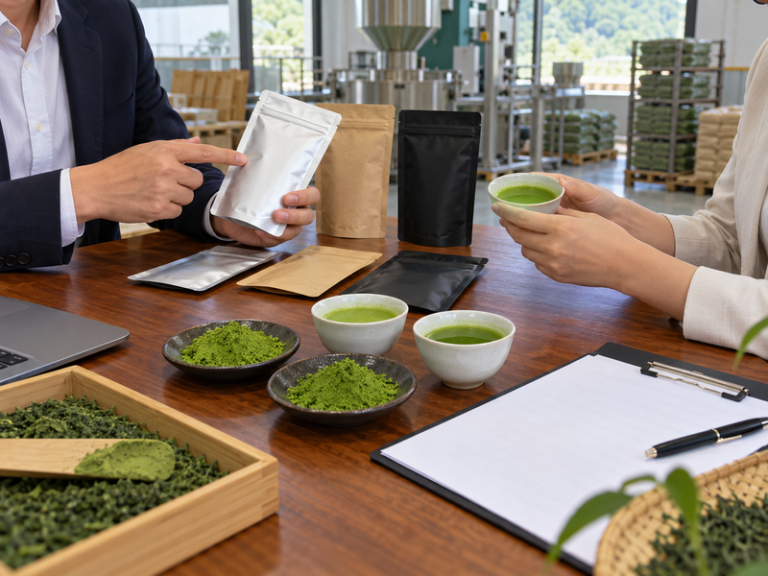 Two wholesale buyers comparing matcha samples and unbranded packaging at a supplier meeting