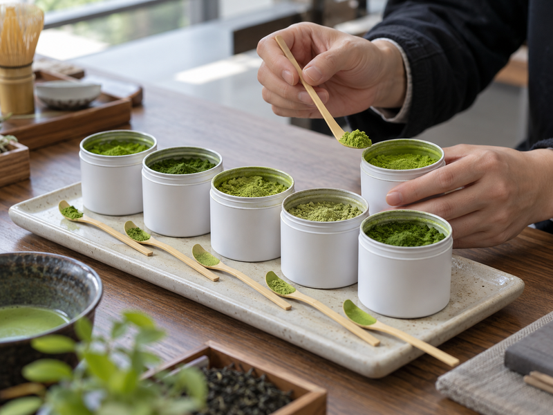 Buyer comparing matcha powder samples in unbranded tins
