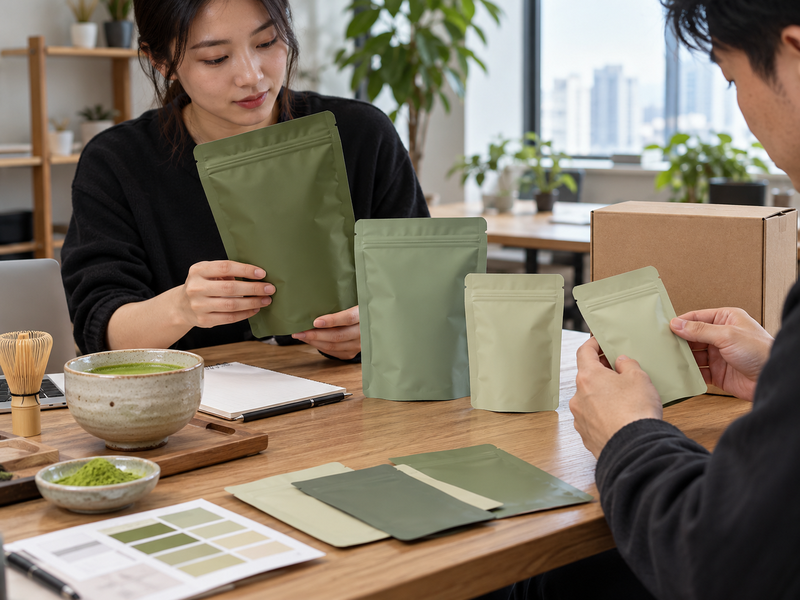 Product team comparing unbranded matcha pouch formats