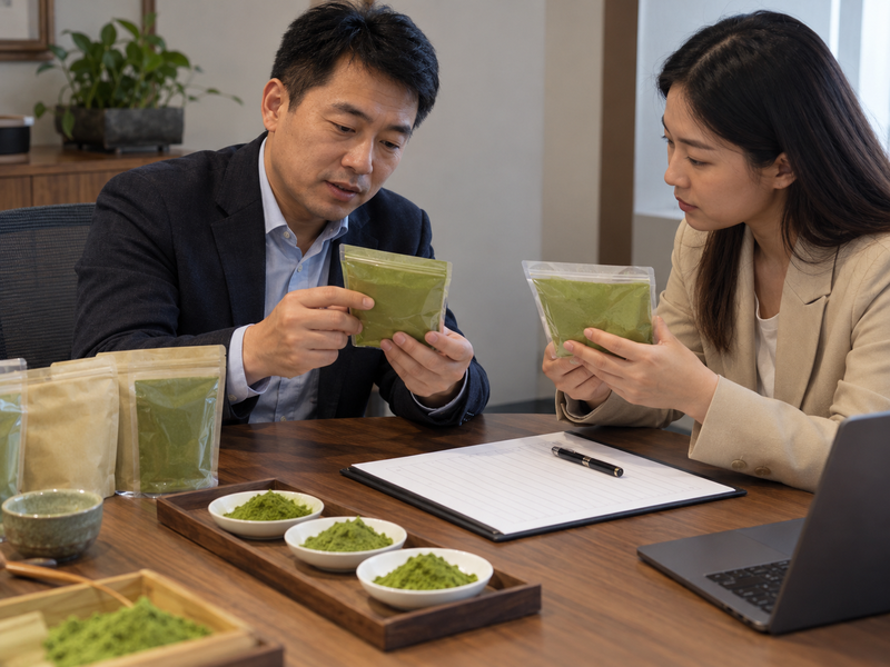 Wholesale team reviewing blank order notes during a matcha supplier meeting
