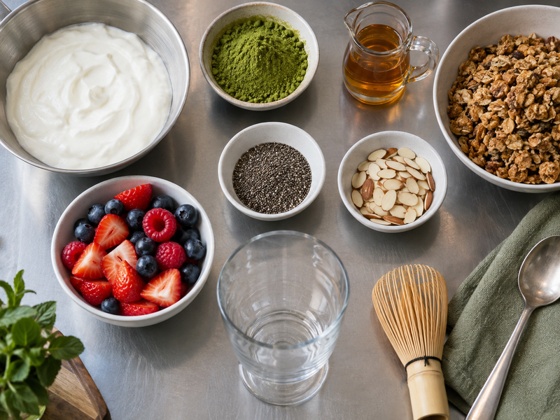 A layered matcha yogurt parfait is checked from top and side