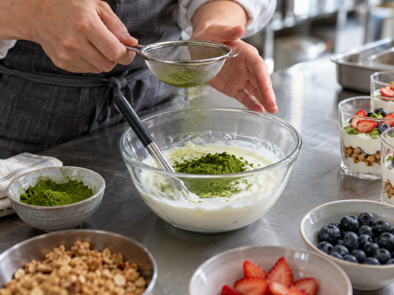 Sifted matcha is mixed into a small yogurt premix before batching