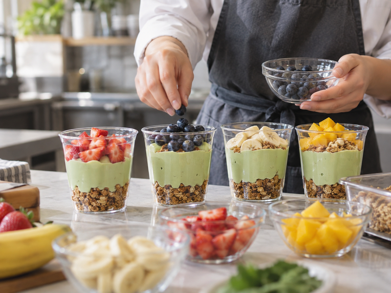 Fruit options are tested in clear cups with identical matcha yogurt layers