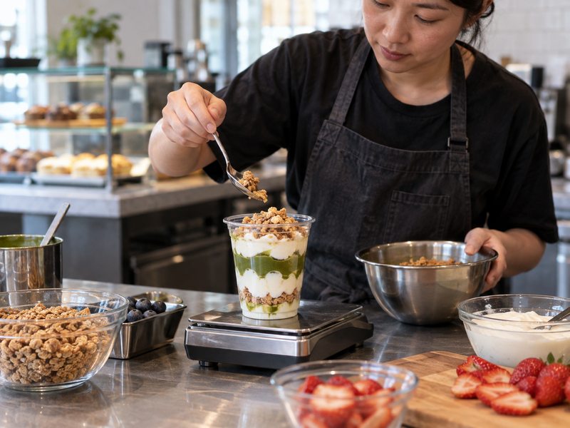 A manager weighs the components of one saleable matcha yogurt parfait
