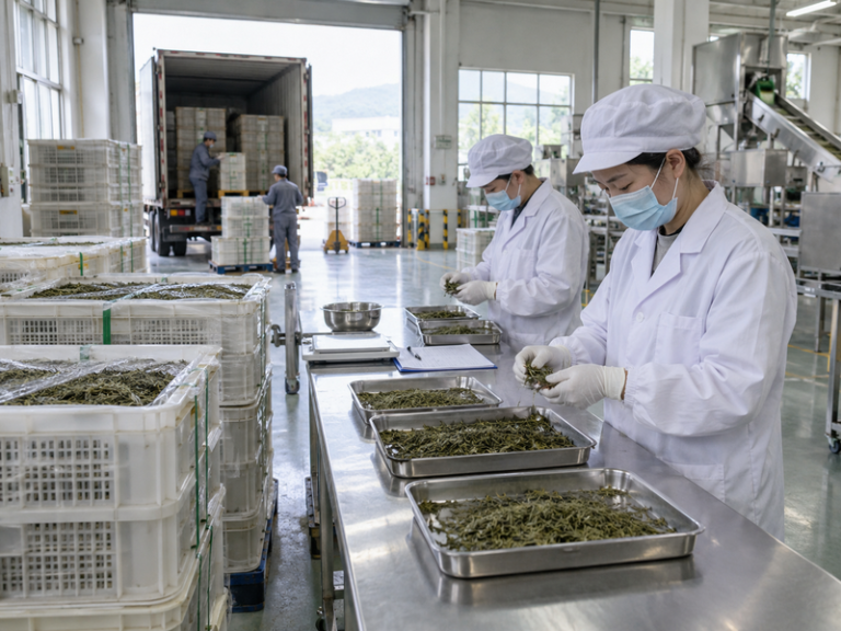 Staff inspecting tea leaf material at a matcha powder factory