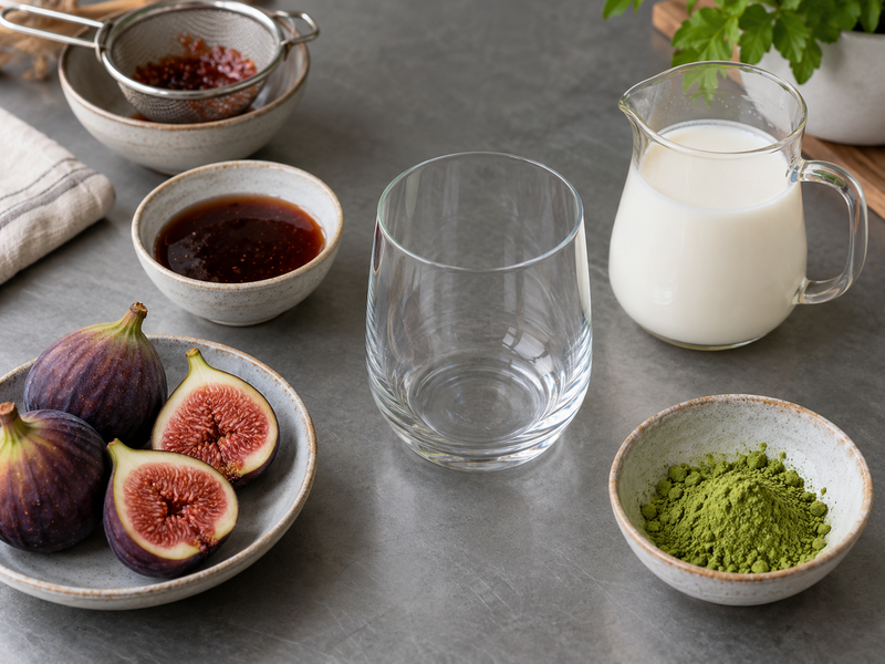 Layered iced fig matcha latte with visible fruit base and measured matcha top