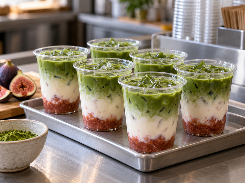 Barista pouring whisked matcha over measured ice and milk in a fig latte