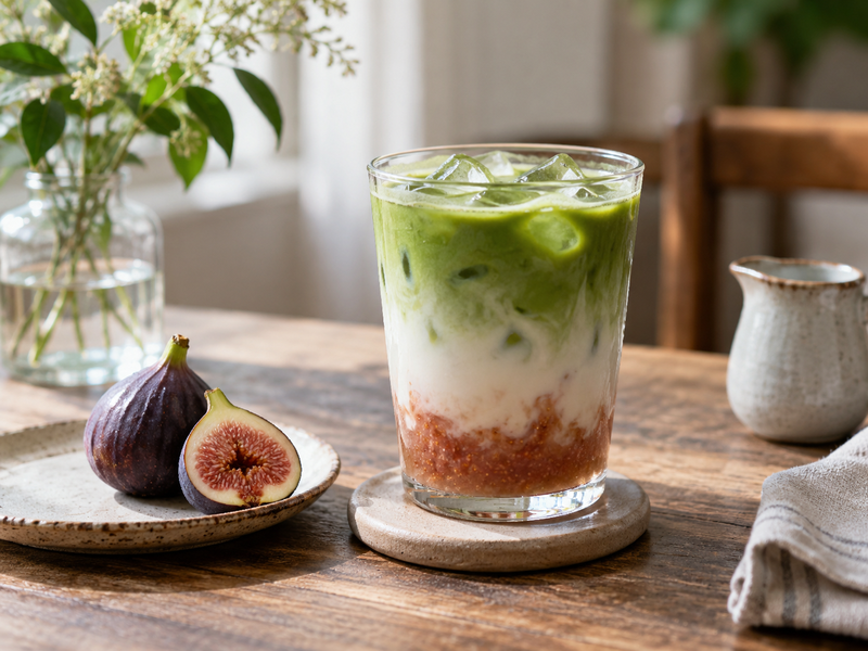 Café recipe costing sheet beside weighed fig syrup, matcha, milk and finished drink