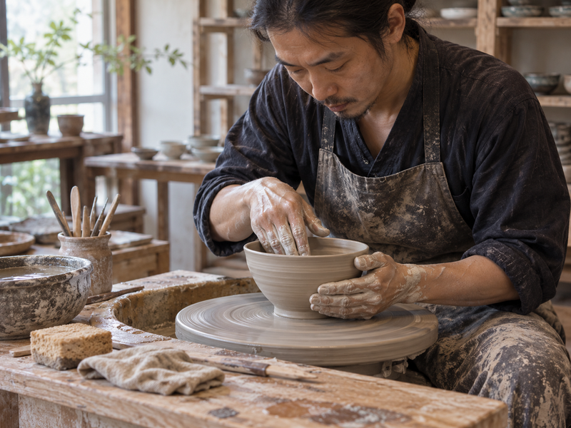 Handmade Matcha Bowl: Skilled potter's hands shaping a matcha bowl on a pottery wheel, realistic wet clay and studio tools