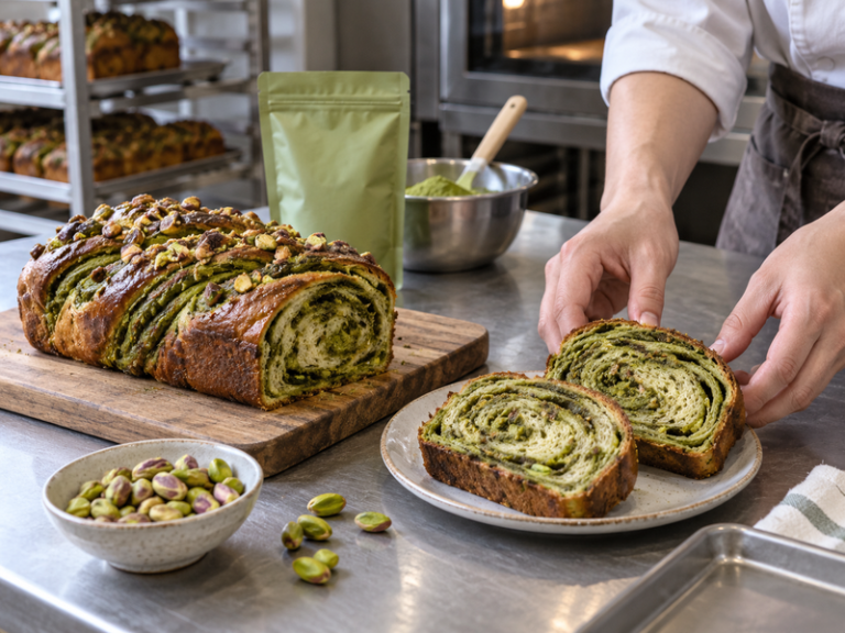 Matcha pistachio babka loaf and slices on a bakery worktable