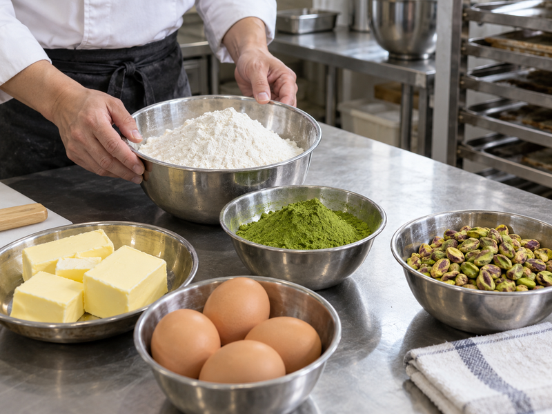 Ingredients laid out for a commercial matcha babka trial