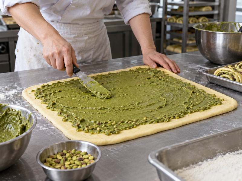 Matcha filling spread on enriched dough in a Chinese bakery