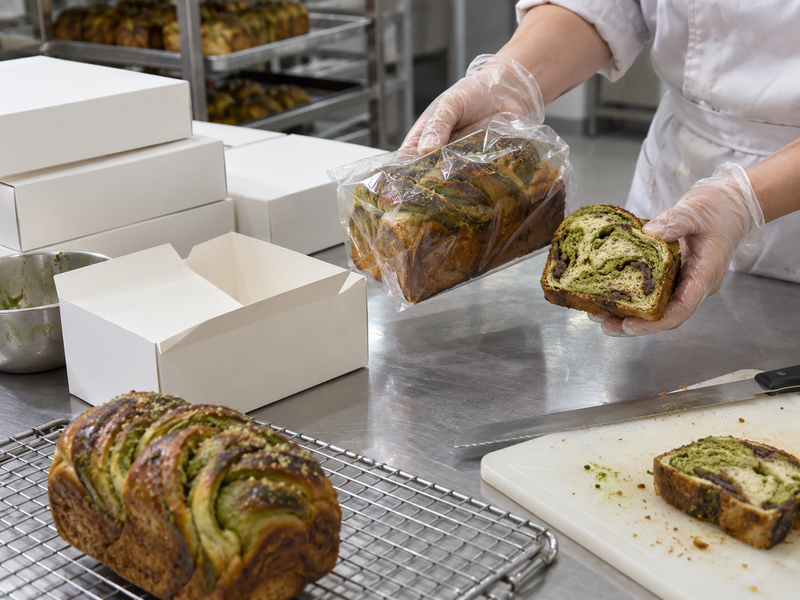 Packed and exposed matcha babka samples at a bakery test table