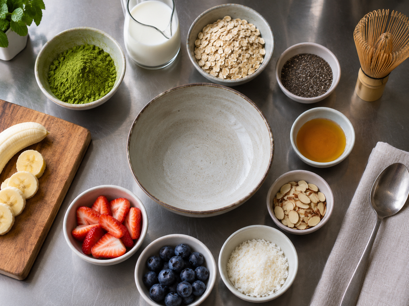 A finished matcha breakfast bowl is checked with the serving spoon