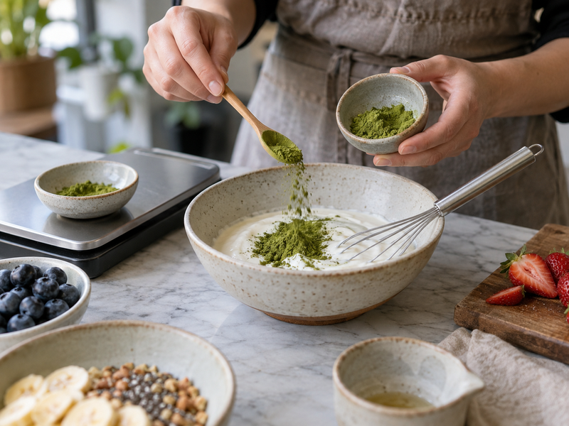 Matcha is weighed and mixed into a yogurt base for breakfast bowls