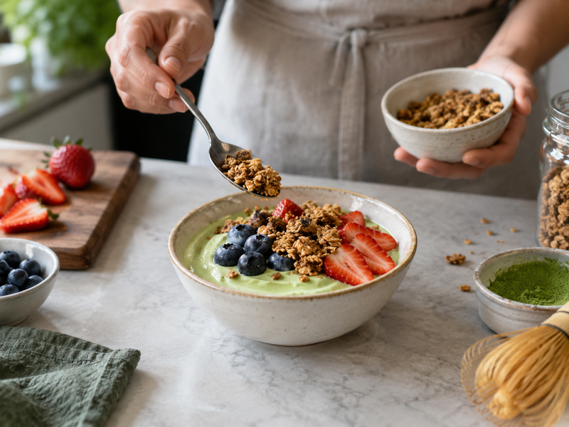 Measured fruit and granola toppings are placed on a matcha yogurt bowl