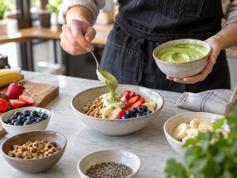 Labeled matcha yogurt and fruit components are staged for brunch service