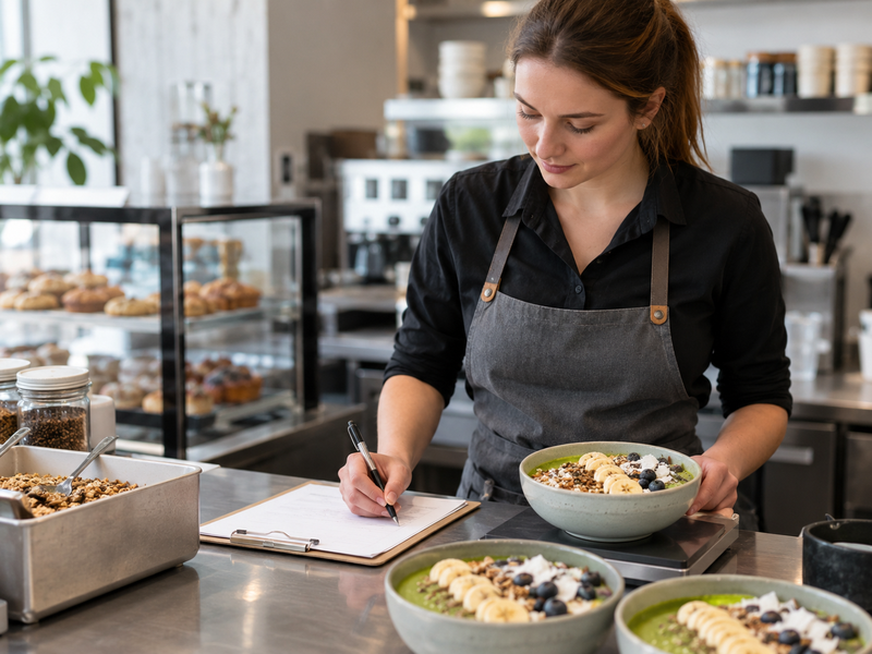 A café manager costs a plated matcha breakfast bowl from prepared yields