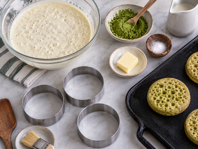 Plain and matcha crumpets side by side showing open surface holes and cooked centers
