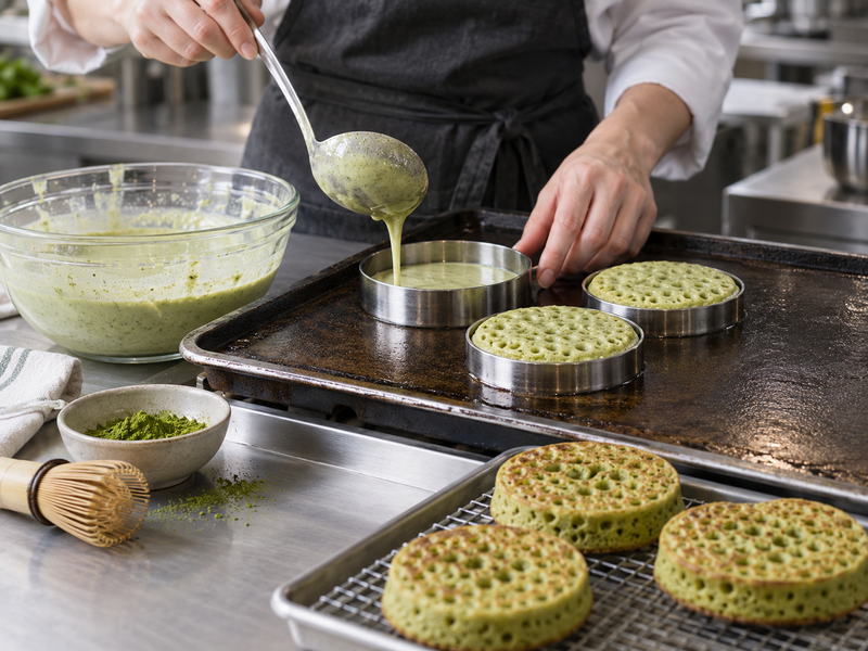 Sifted matcha powder being weighed beside two small crumpet batter bowls