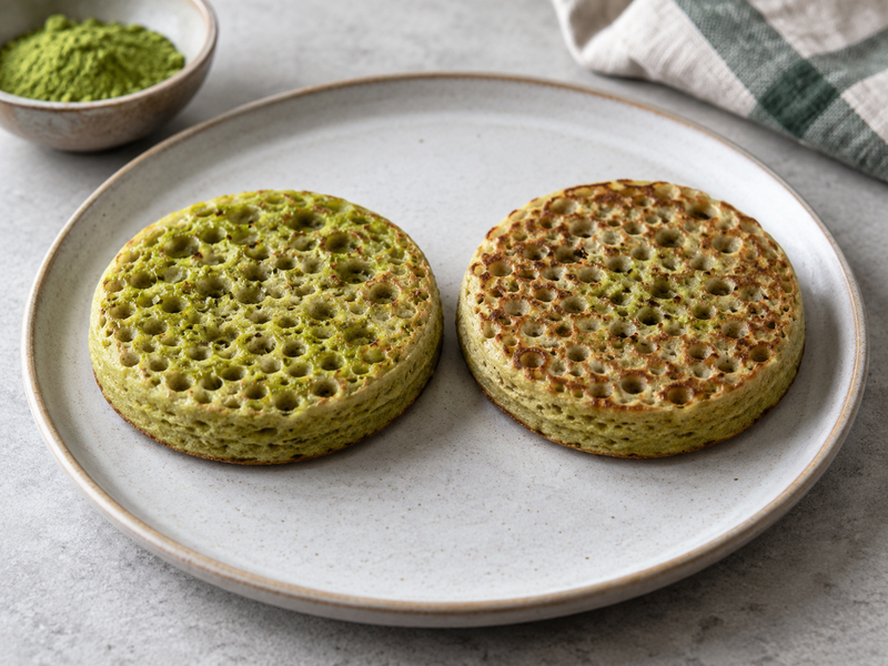 Matcha crumpet batter cooking in identical rings on a commercial griddle