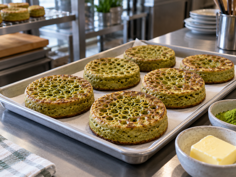 Toasted matcha crumpets with small measured portions of butter, honey and ricotta for tasting