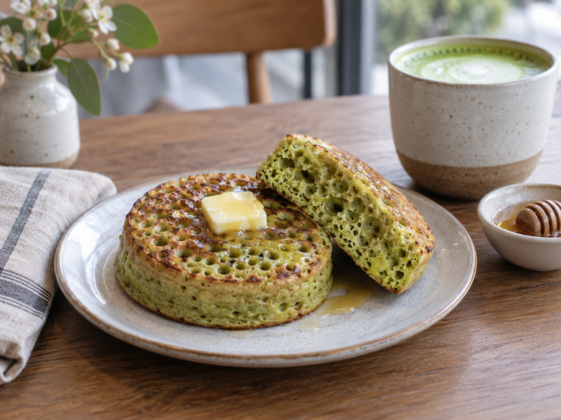Café product team checking matcha crumpet dimensions, hole pattern and a tasting sheet