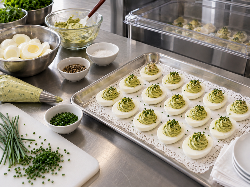 Uniform matcha deviled egg canapés arranged on a catering tray