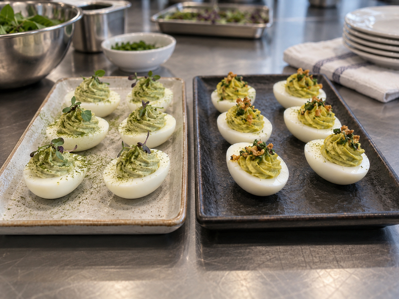 Catering worker piping measured green yolk filling into egg halves