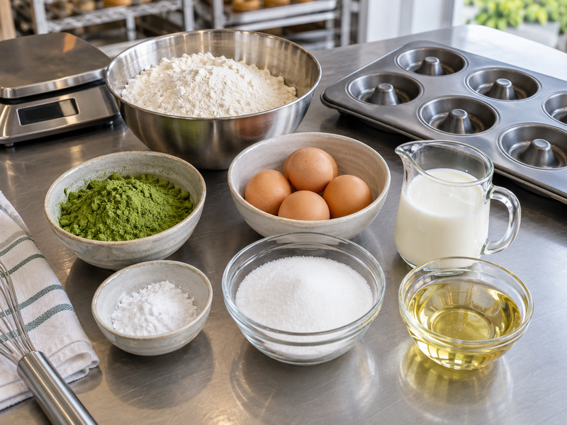 Bakery ingredients and tools set out for a matcha donut trial