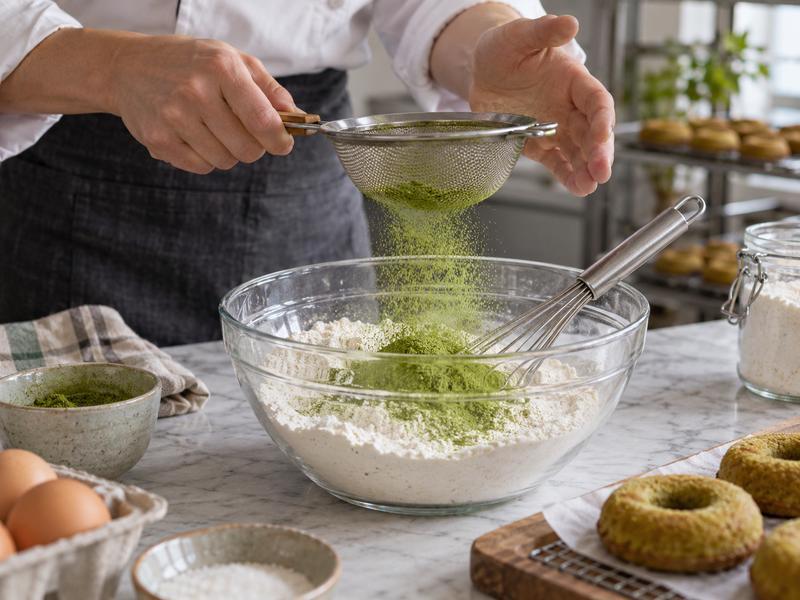 Matcha powder being sifted into bakery dry ingredients