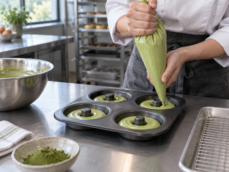 Even portions of pale green batter being piped into a donut pan