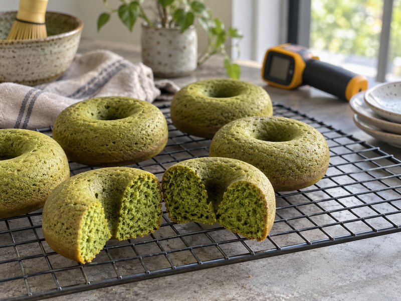 Baked matcha donuts cooling on a rack with one cut to reveal crumb