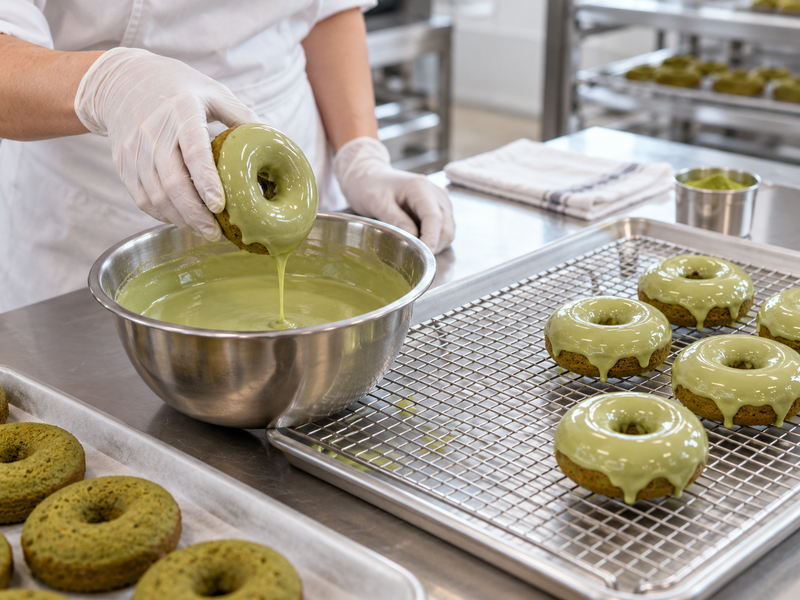 Bakery staff dipping cooled matcha donuts in a measured glaze