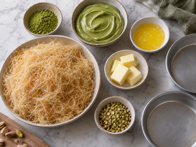 Freshly cut matcha kunafa showing crisp kataifi strands around a defined green cream layer