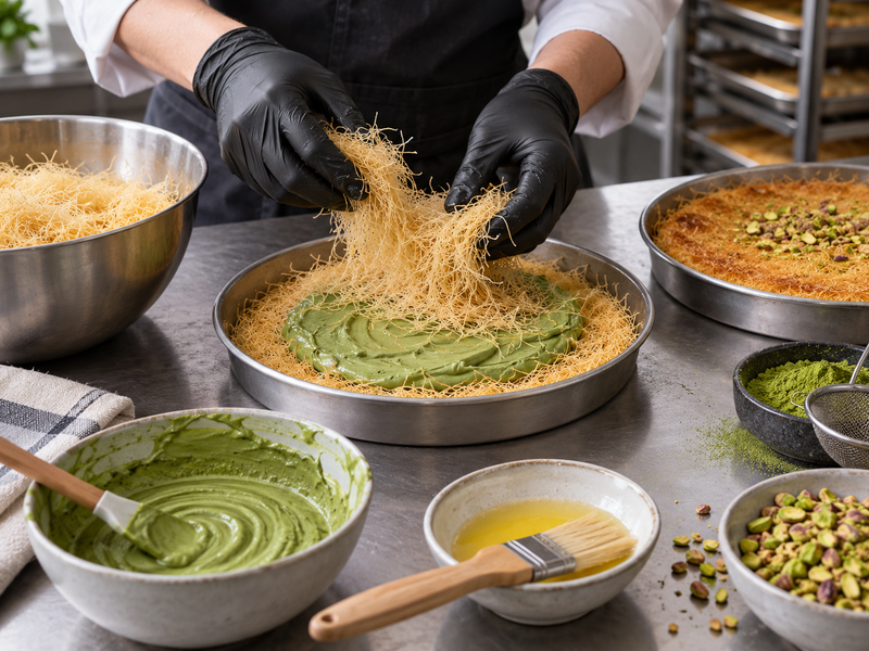 Pastry chef spreading smooth matcha cream over an even layer of buttered kataifi
