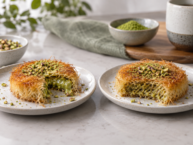 Evenly layered tray of matcha kunafa before baking with visible kataifi and green cream