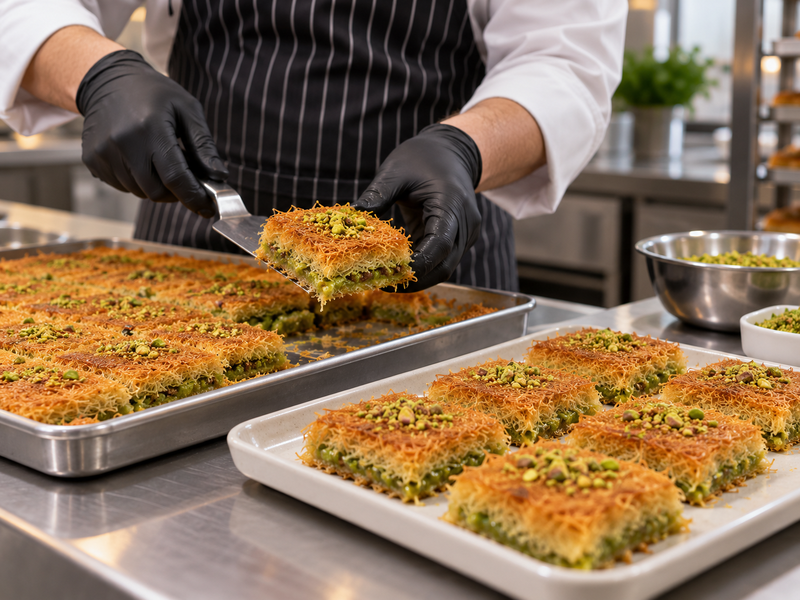 Two service trials of matcha kunafa, one plated warm and one boxed chilled