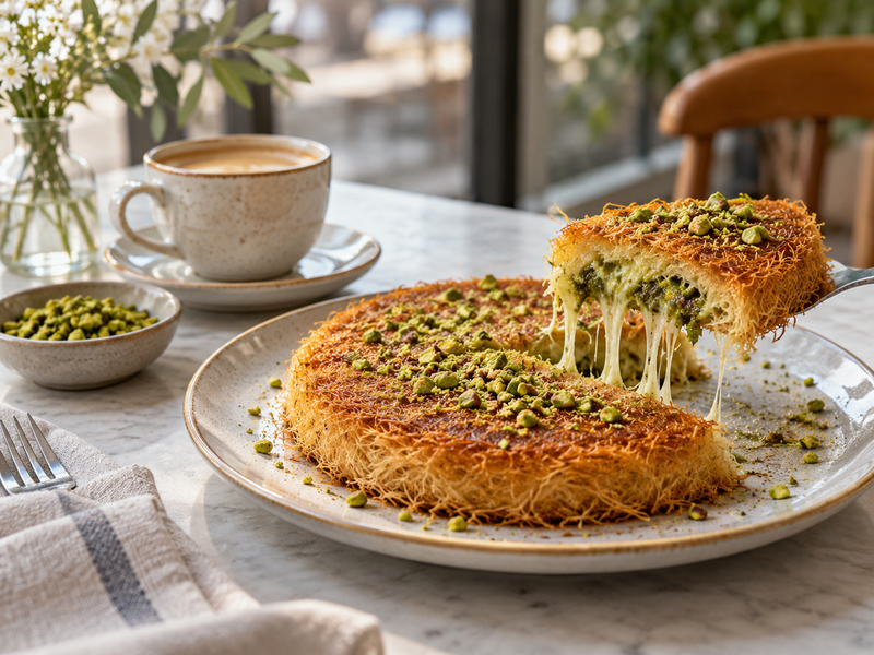 Pastry team weighing accepted matcha kunafa portions beside a production yield sheet