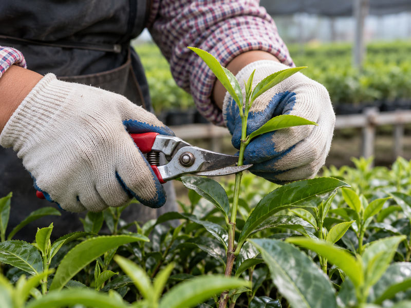 Tea plant cutting at a nursery bench
