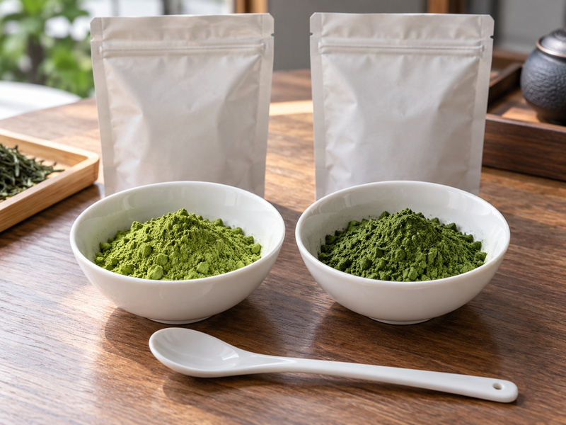 Side-by-side matcha powder sample review