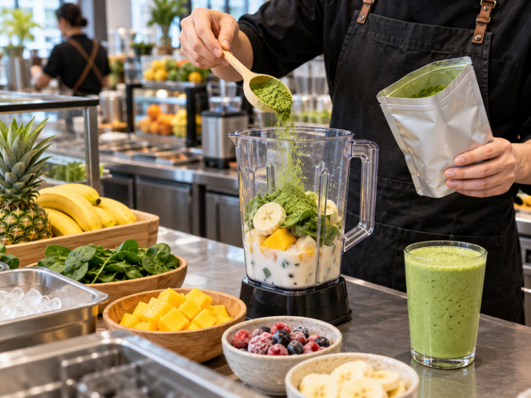 Smoothie bar worker adding matcha from a foodservice pouch to a blender