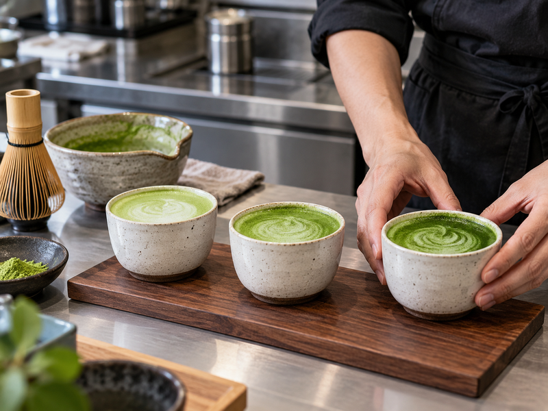 Barista comparing matcha latte prototypes in a cafe test kitchen