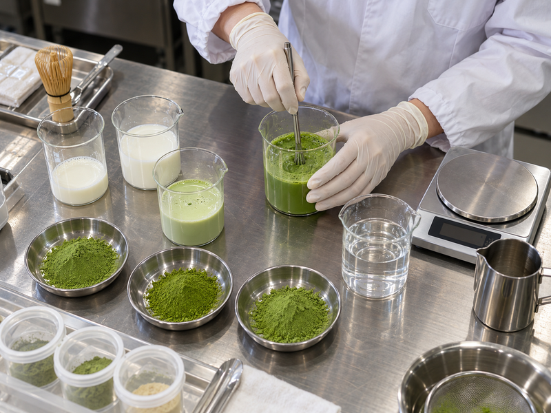 Small matcha beverage formulations arranged for a controlled test