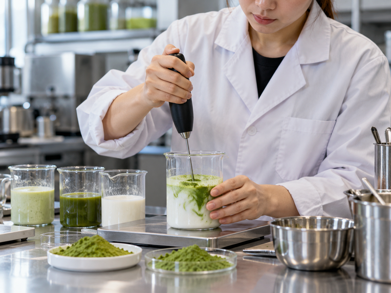 Food technologist testing matcha in a beverage development kitchen